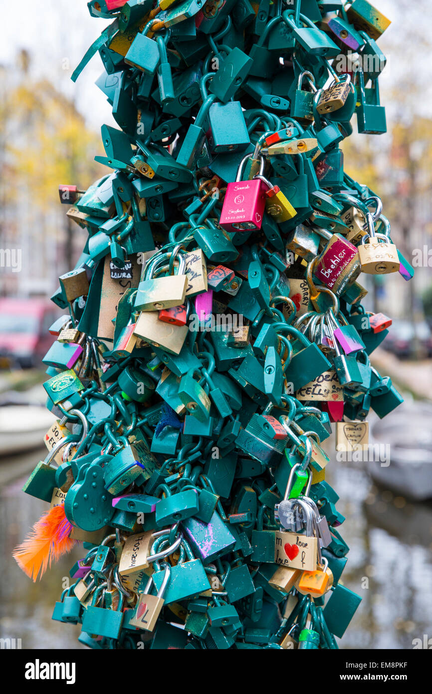 Locks of love on Staalstraat Bridge, Amsterdam, The Netherlands Stock Photo