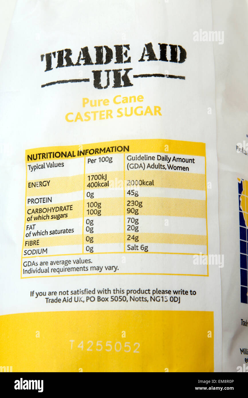 Trade Aid Uk Pure Cane Caster Sugar Nutritional Information Stock Photo