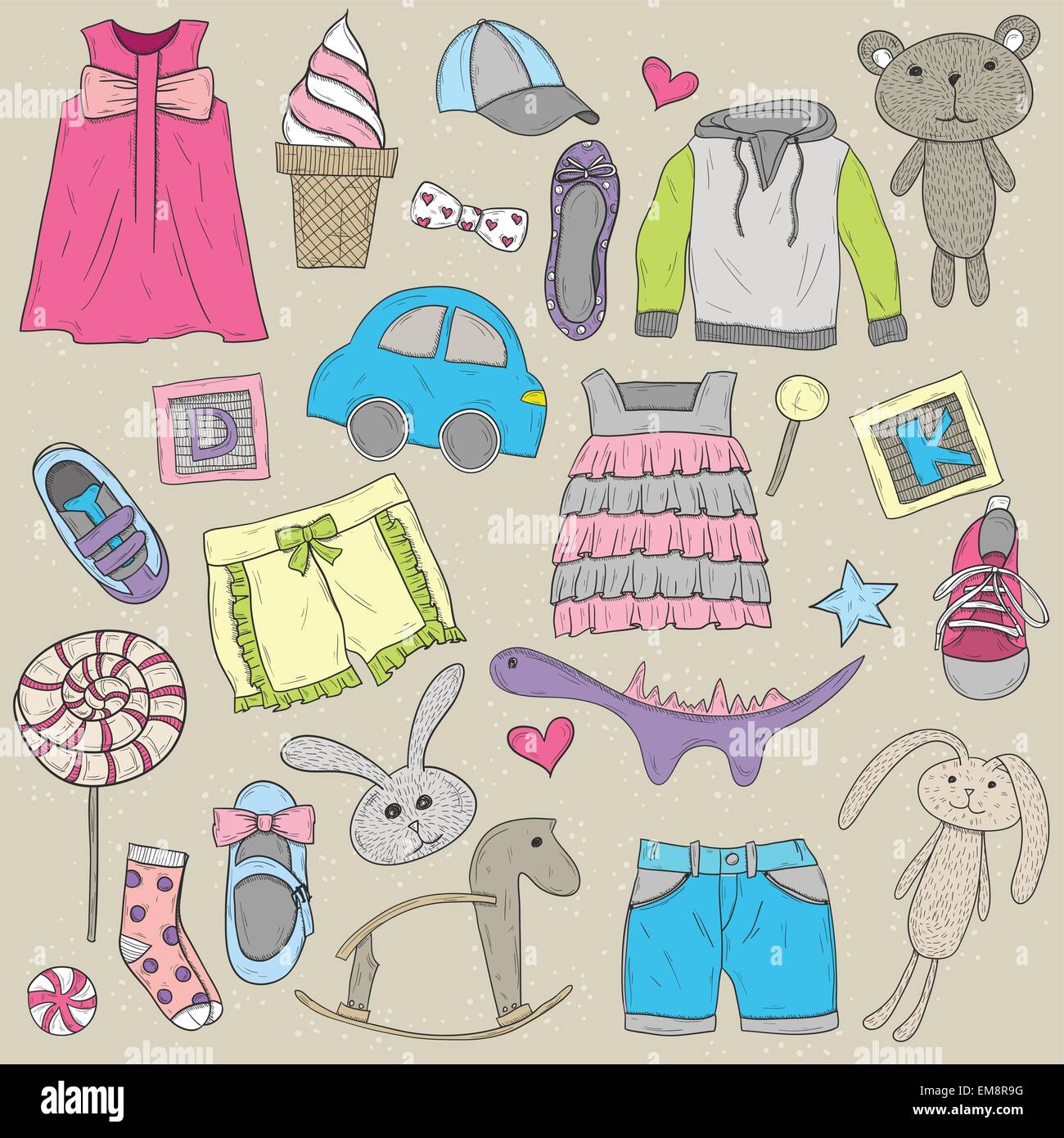 Children clothes and toys design elements set Stock Vector