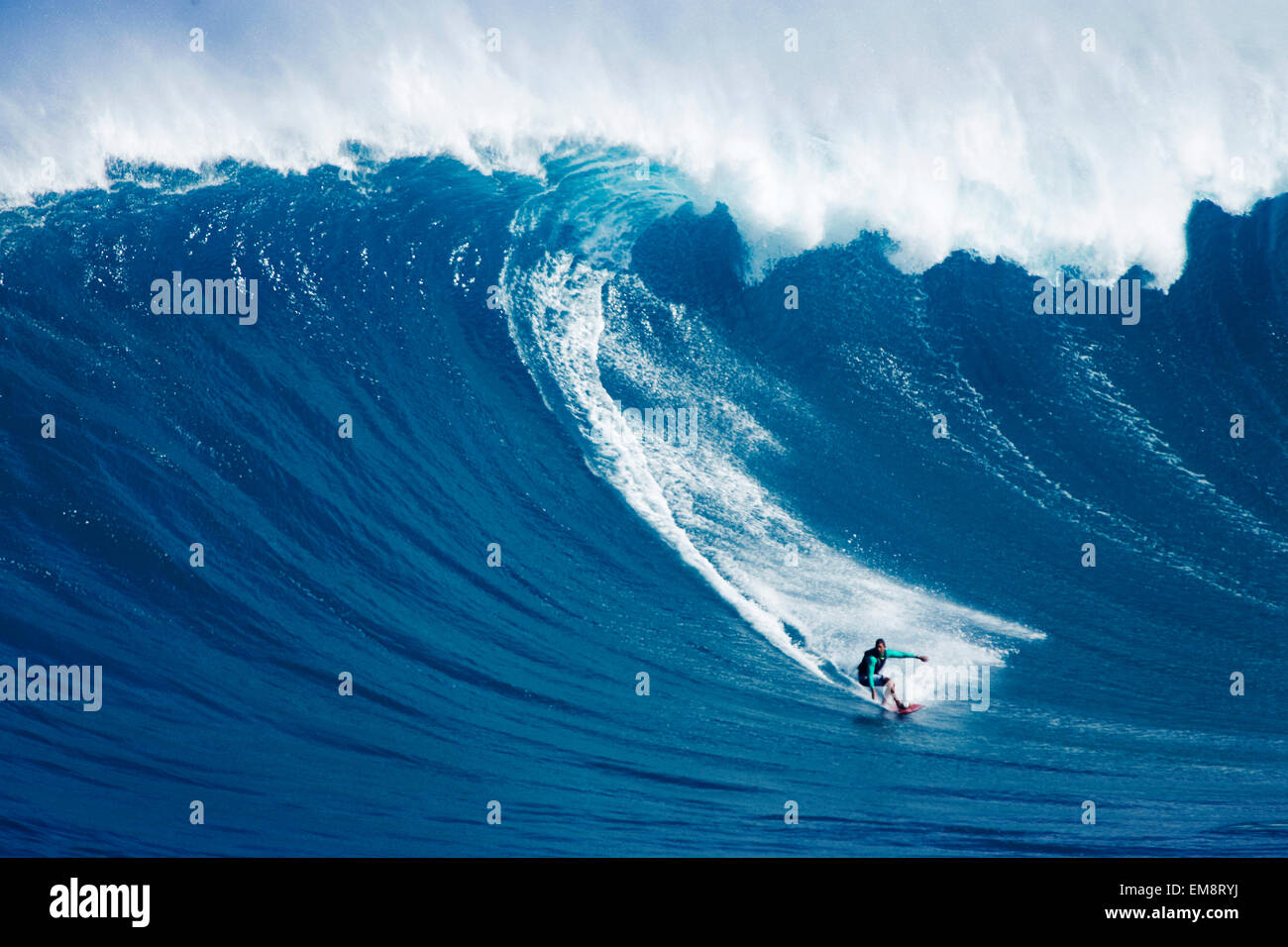 Hawaii, Maui, Yuri Farrant Surfs Huge Wave At Jaws, Aka Peahi Stock
