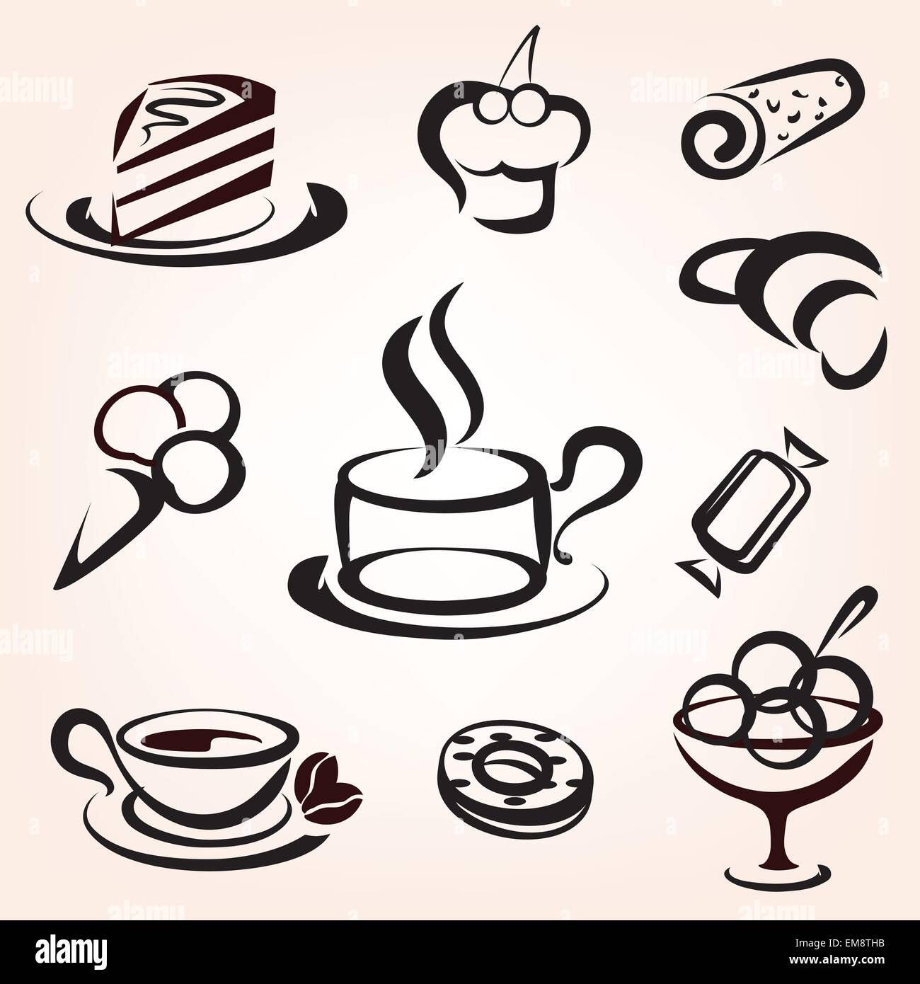caffe, bakery and other sweet pastry icons set Stock Vector