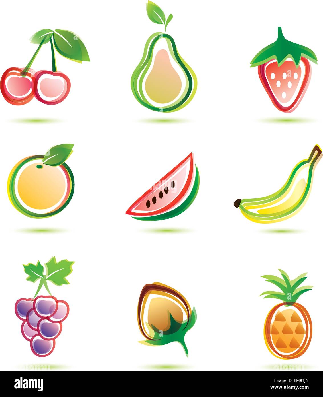 green fruits icons set, organic food concept Stock Vector