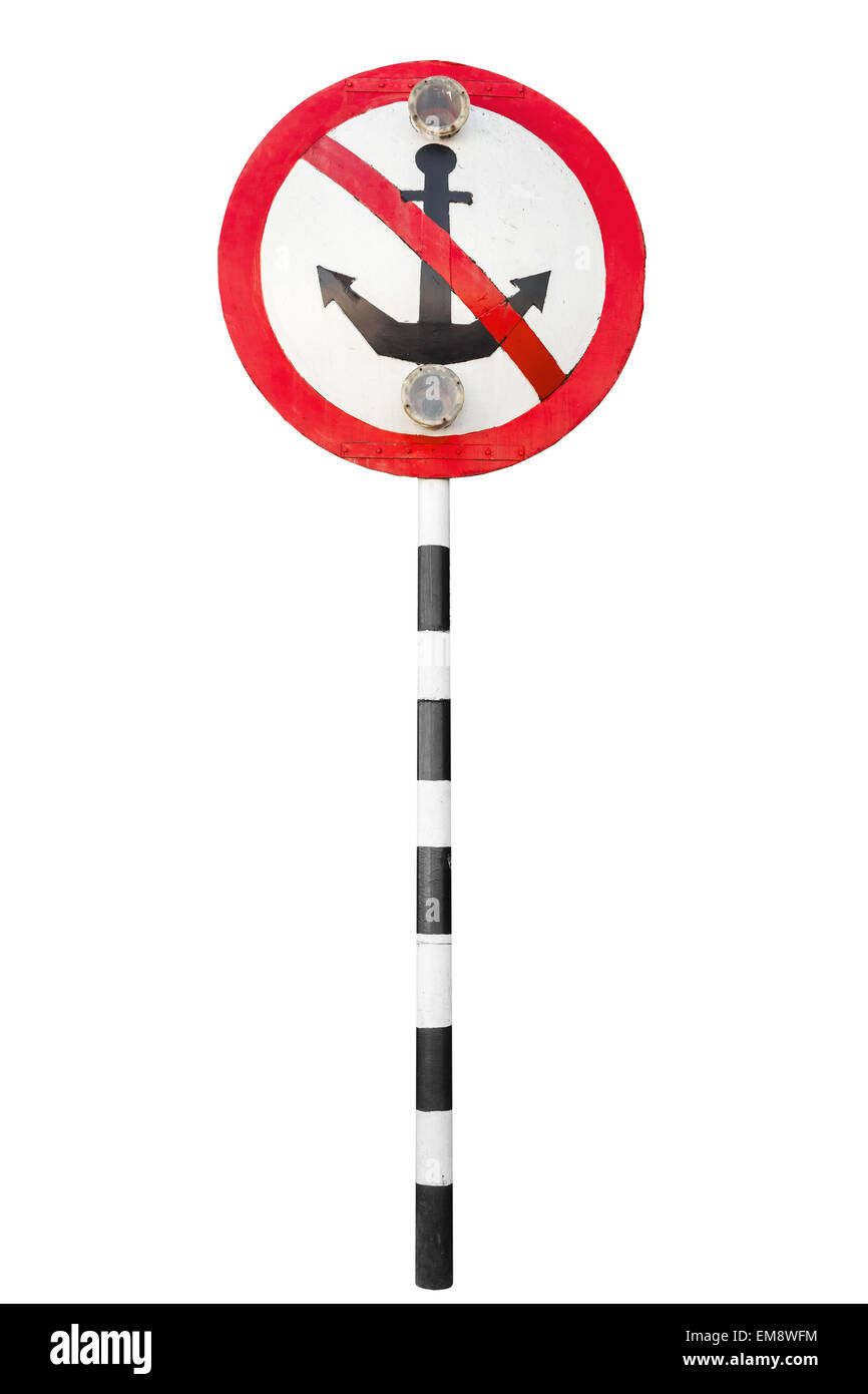 Mooring prohibited, round navigation sign with strikeout anchor on striped metal pole isolated on white Stock Photo