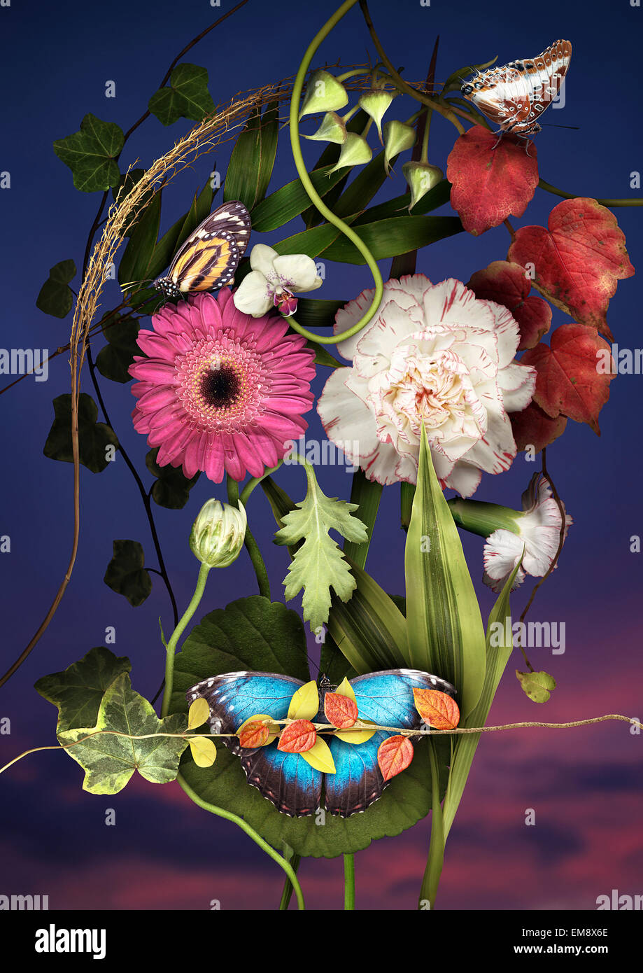 Mexican sugar skull made of plants and butterflies Stock Photo
