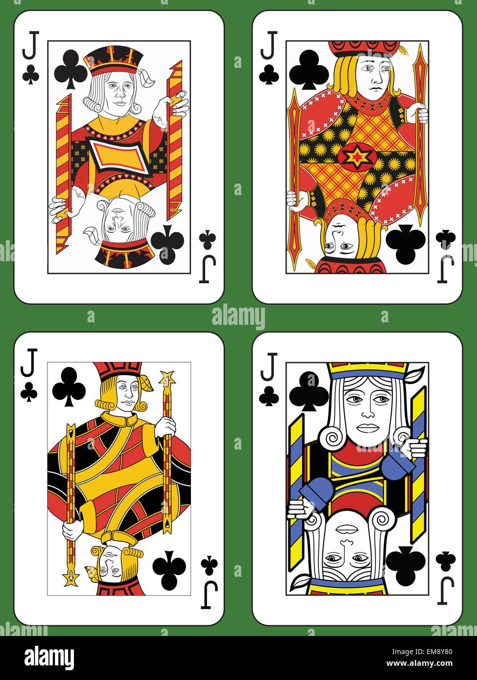 Four Jacks of Clubs in four different styles on a green background Stock Vector