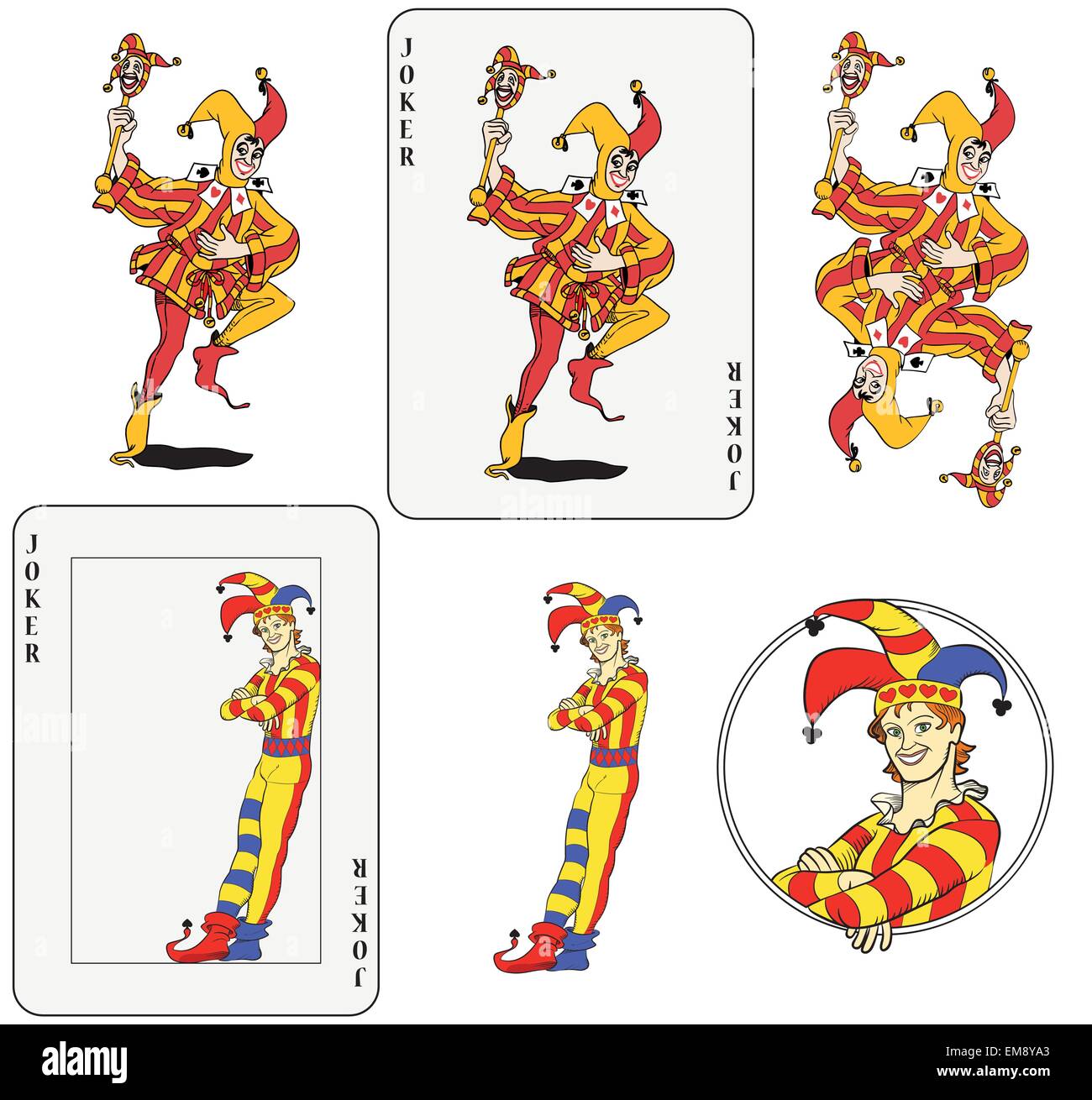 Set of jokers playing card. Isolated, framed inside card, symmetric and