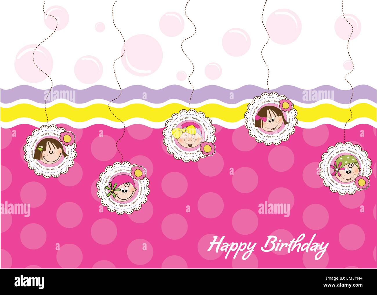 happy birthday greeting card with five little girls Stock Vector