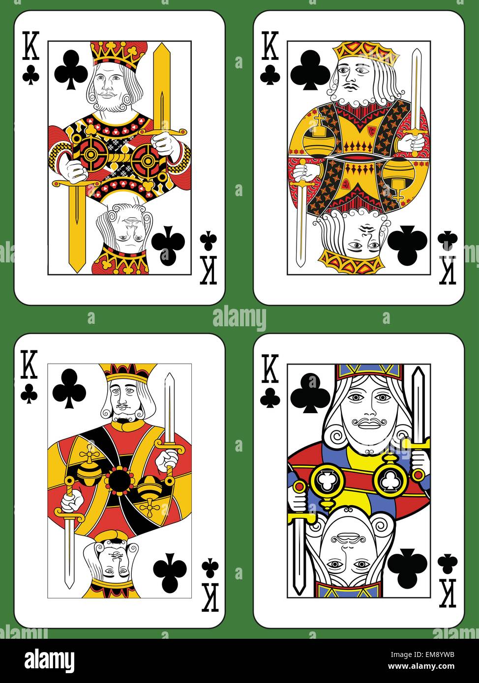 Four Kings of Clubs in four different styles on a green background