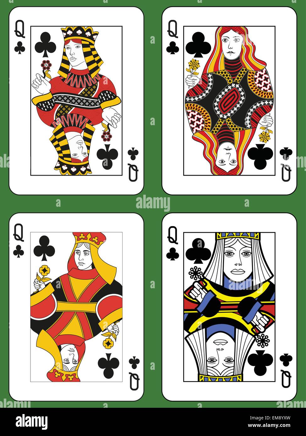 Four Queens of Clubs in four different styles on a green background ...