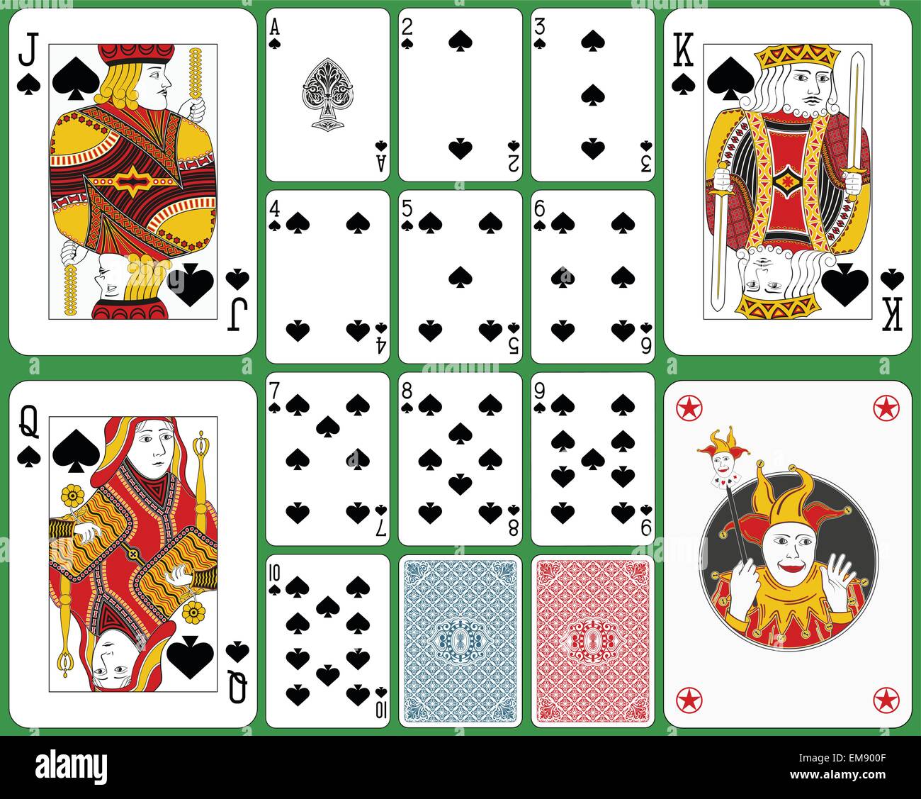Playing cards spades suite, joker and two back. Faces double sized