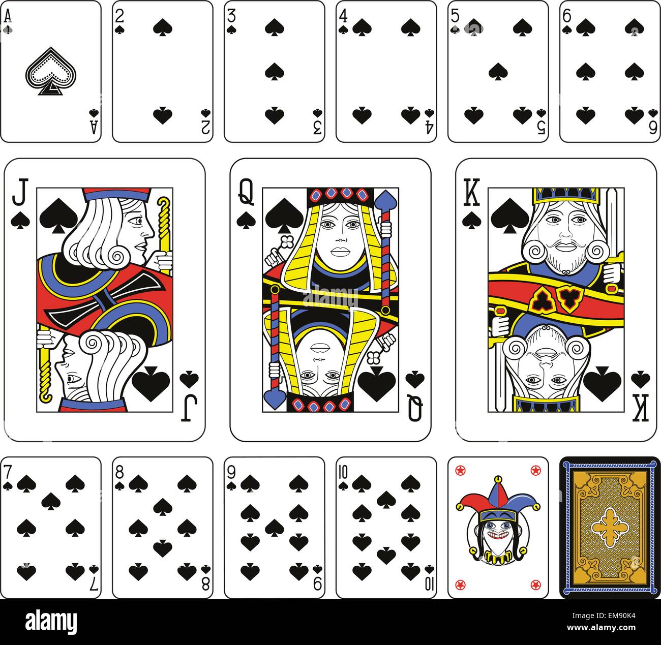 Playing cards, spades suite, joker and back. Faces double sized Stock