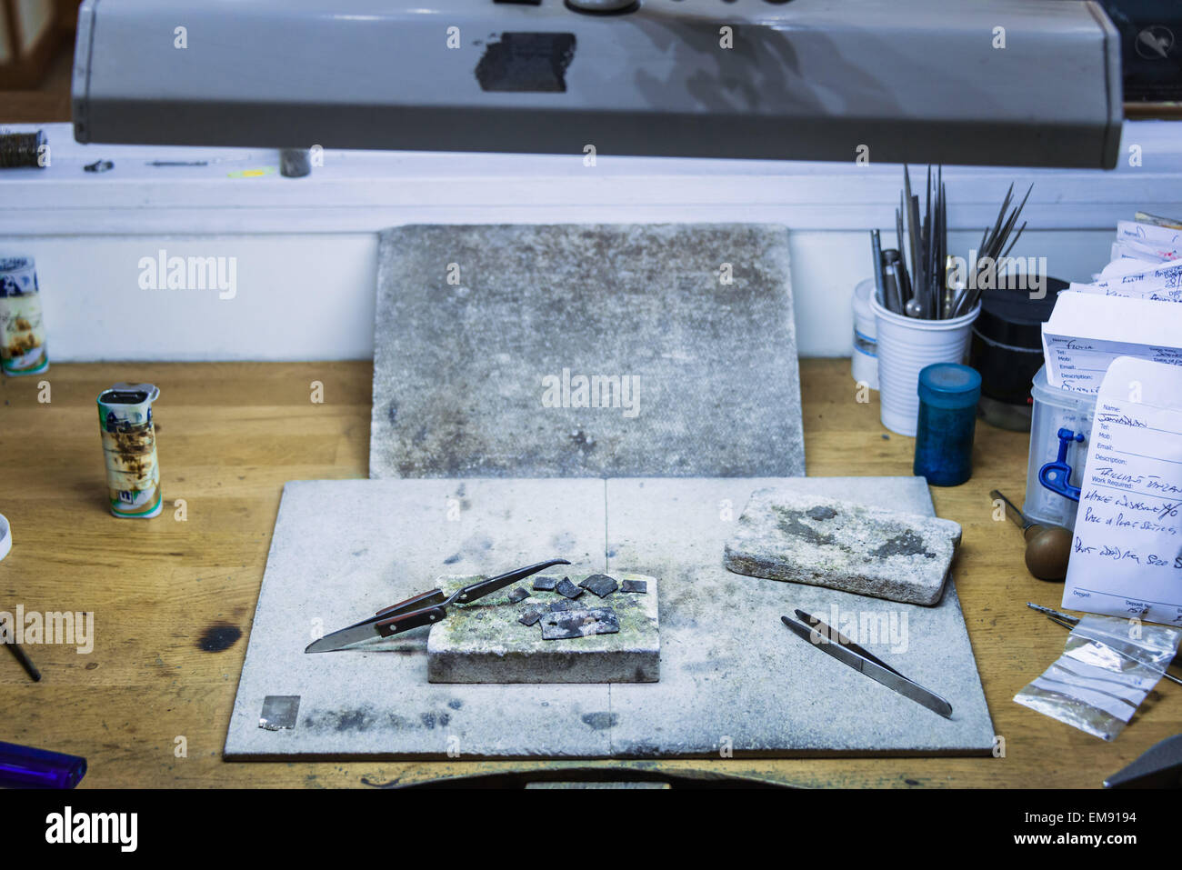 Workbench in jewellery craftsmans workshop Stock Photo - Alamy