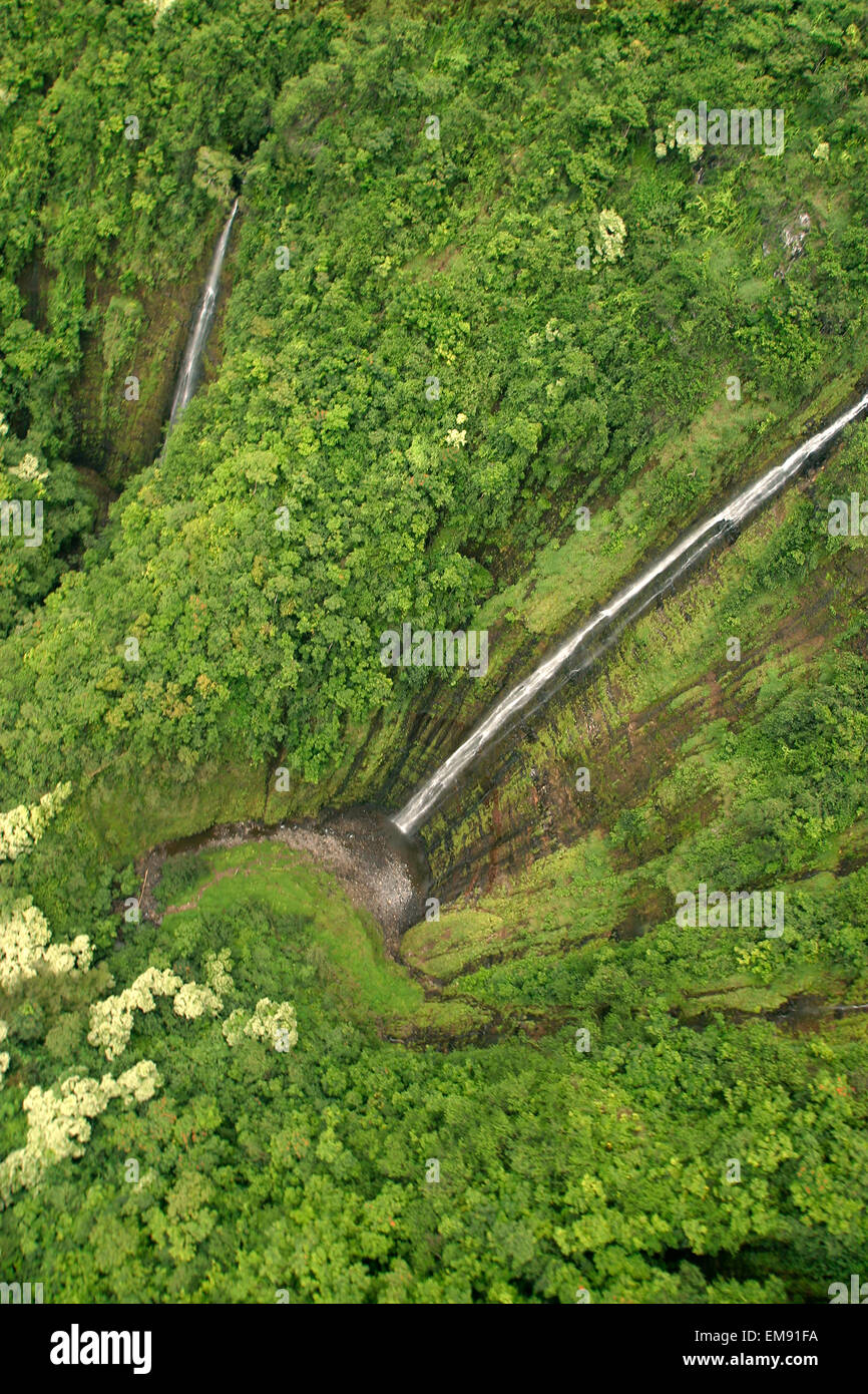 Hawaii, Maui, Hana Coast, Waihiumalu Waterfall, Two Falls, Green And Lush, View From Above. Stock Photo