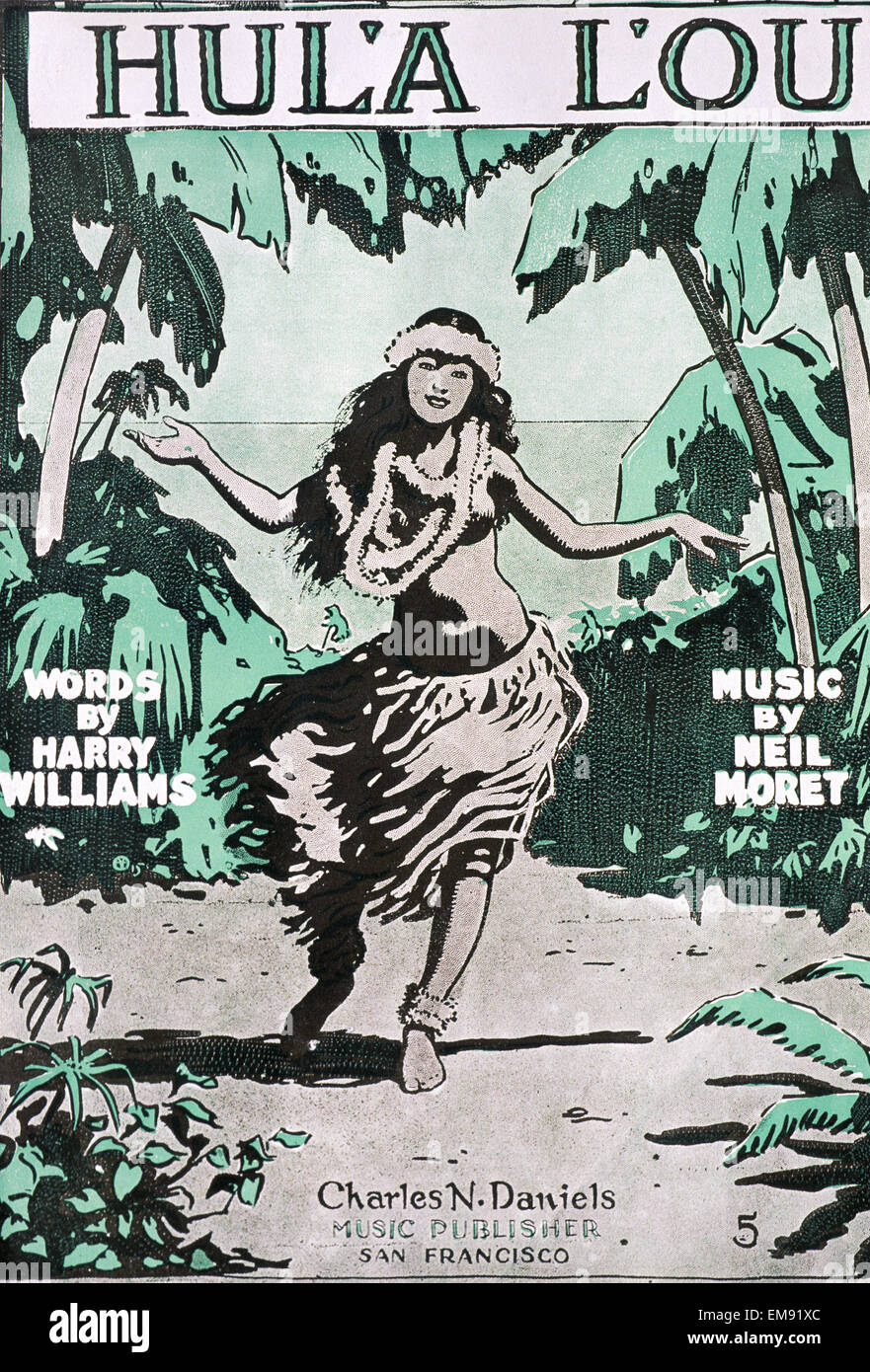 C.1915, Sheet Music Of Hula Lou, Drawing Of Female Walking In Hula Outfit, Arms Outstreched To The Side Stock Photo