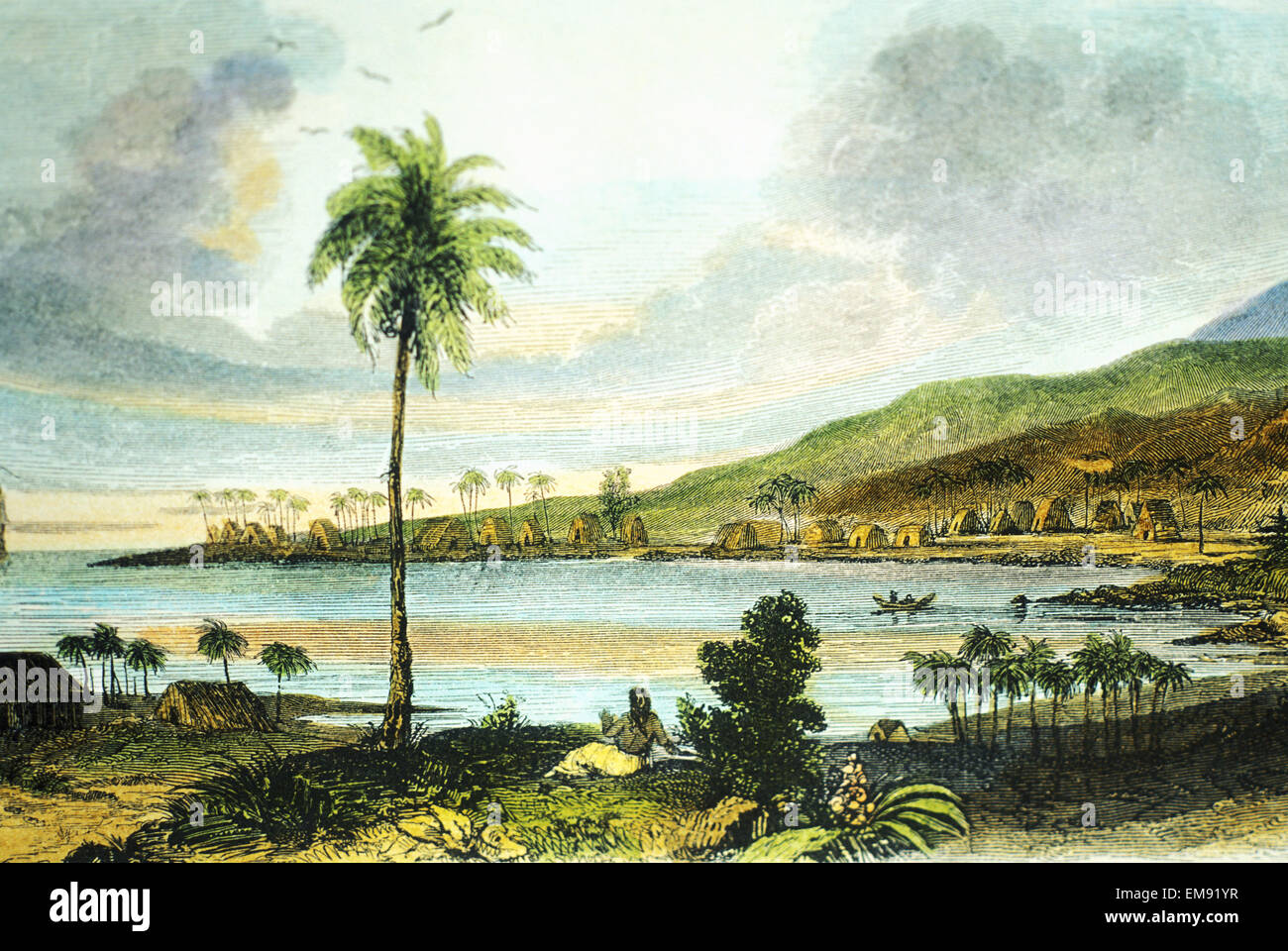 C.1847 Art/Book Illustration, Big Island, Kealakekua Bay, View Of Kaawaloa Villa, Reverend William Ellis Stock Photo