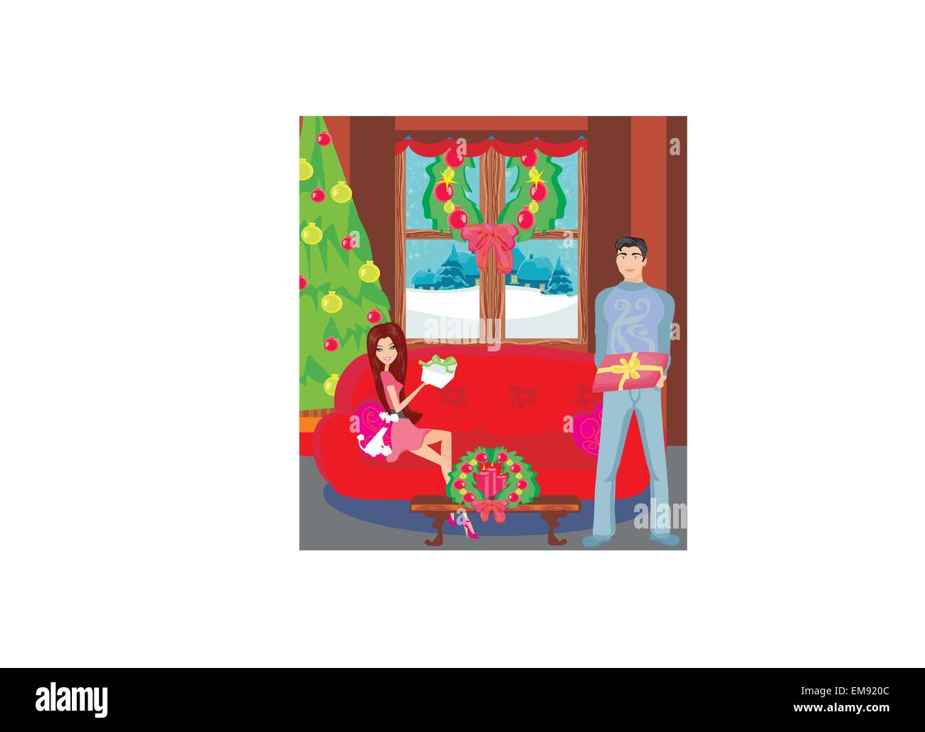 girl surprising a boy with a gift in Christmas night Stock Vector