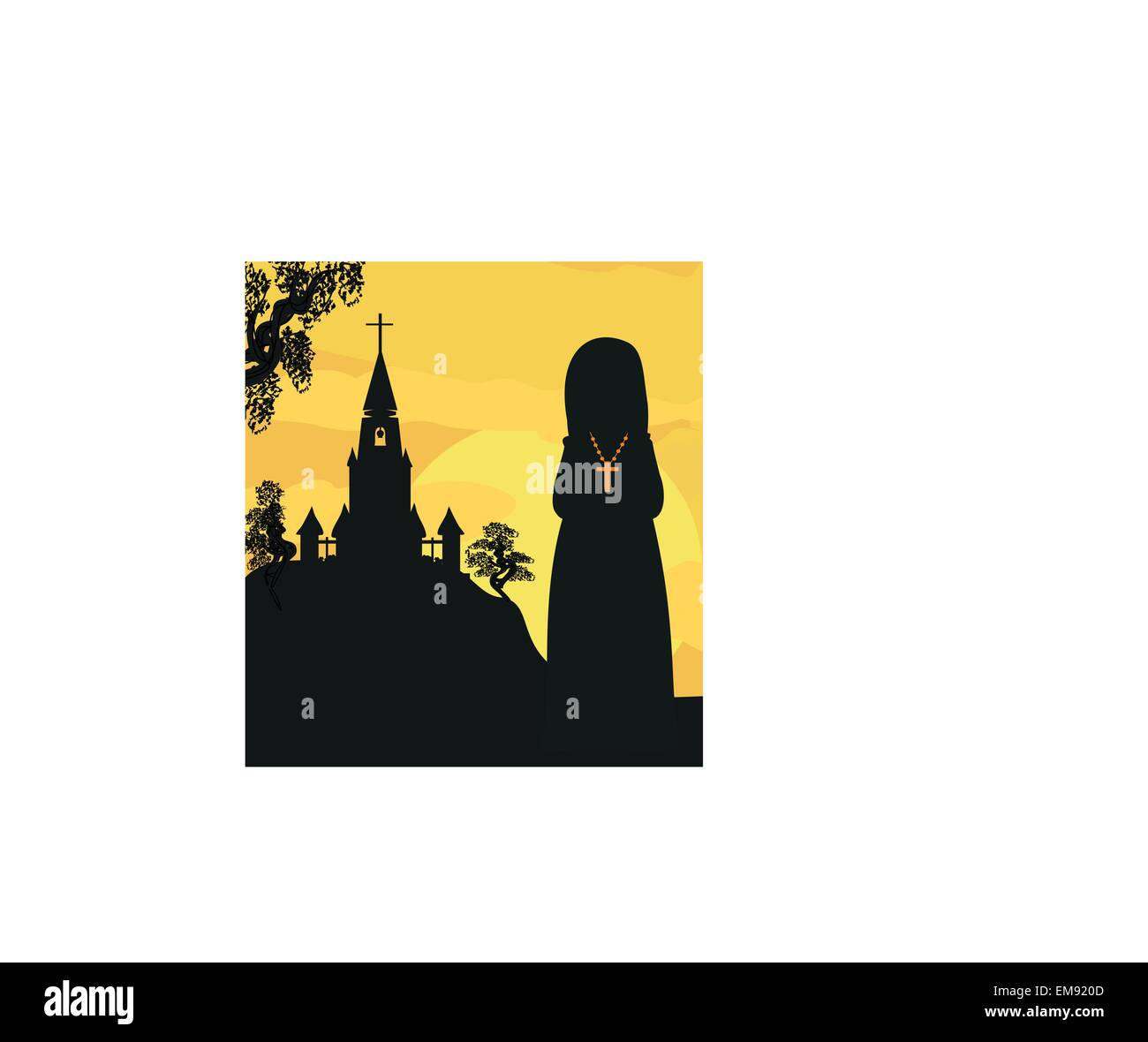 nun praying in front of the church Stock Vector