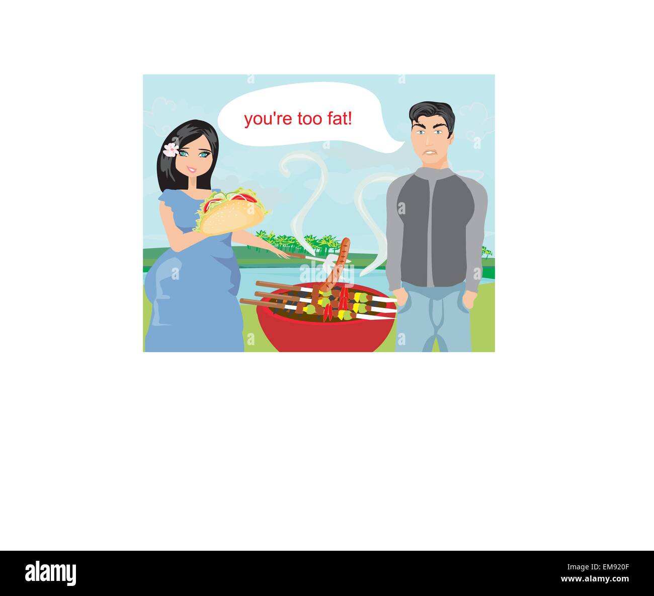 Husband gets upset, wife eats unhealthy food Stock Vector