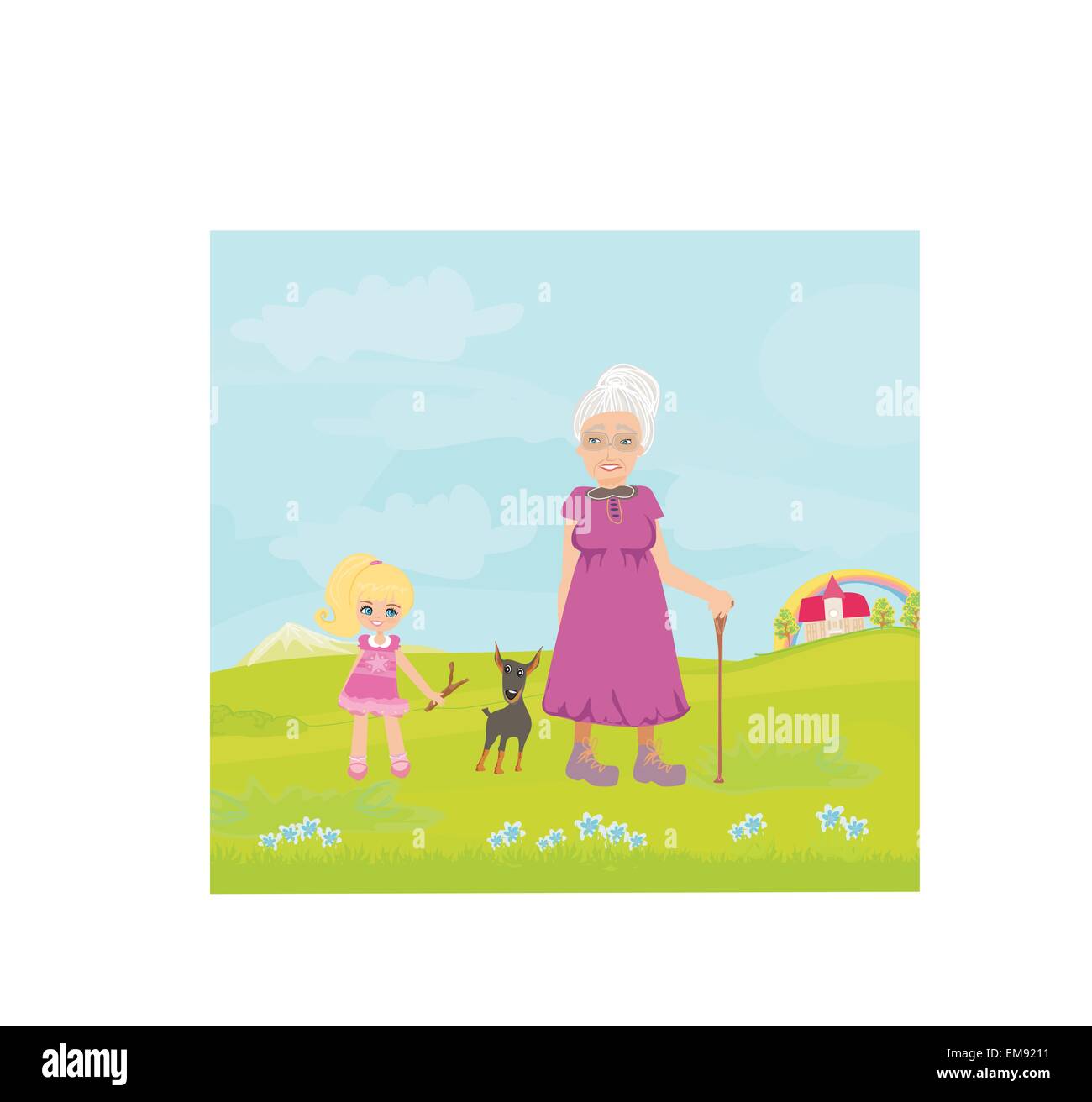 grandmother with granddaughter and dog on a walk in the park Stock Vector