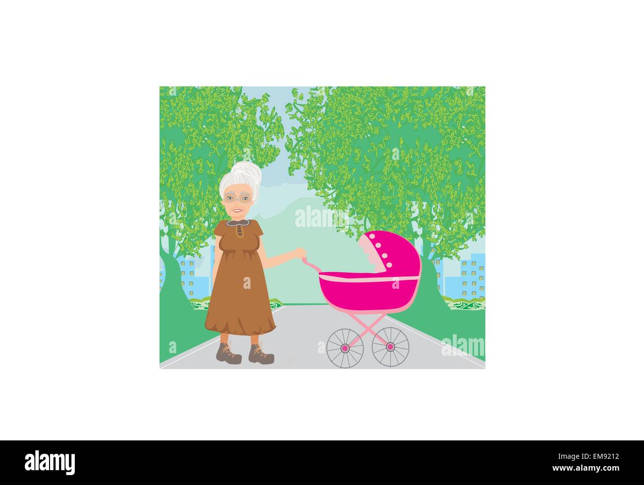 old lady pushing a stroller in the park Stock Vector