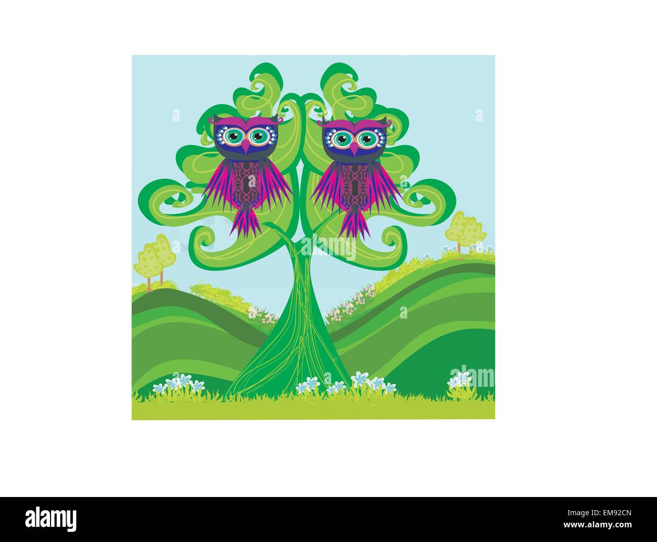 Owls couple sitting on a green tree Stock Vector Image & Art - Alamy