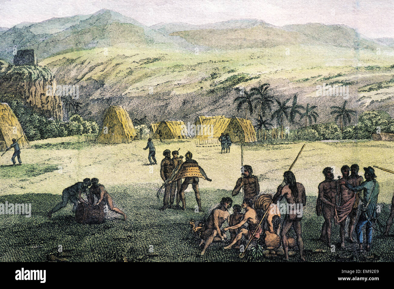 C.1784 Art/Colored Engraving, Hawaii, Kauai, Inland View Of Atooi (Heiau) Village Of Waimea With Native People, John Webber Stock Photo
