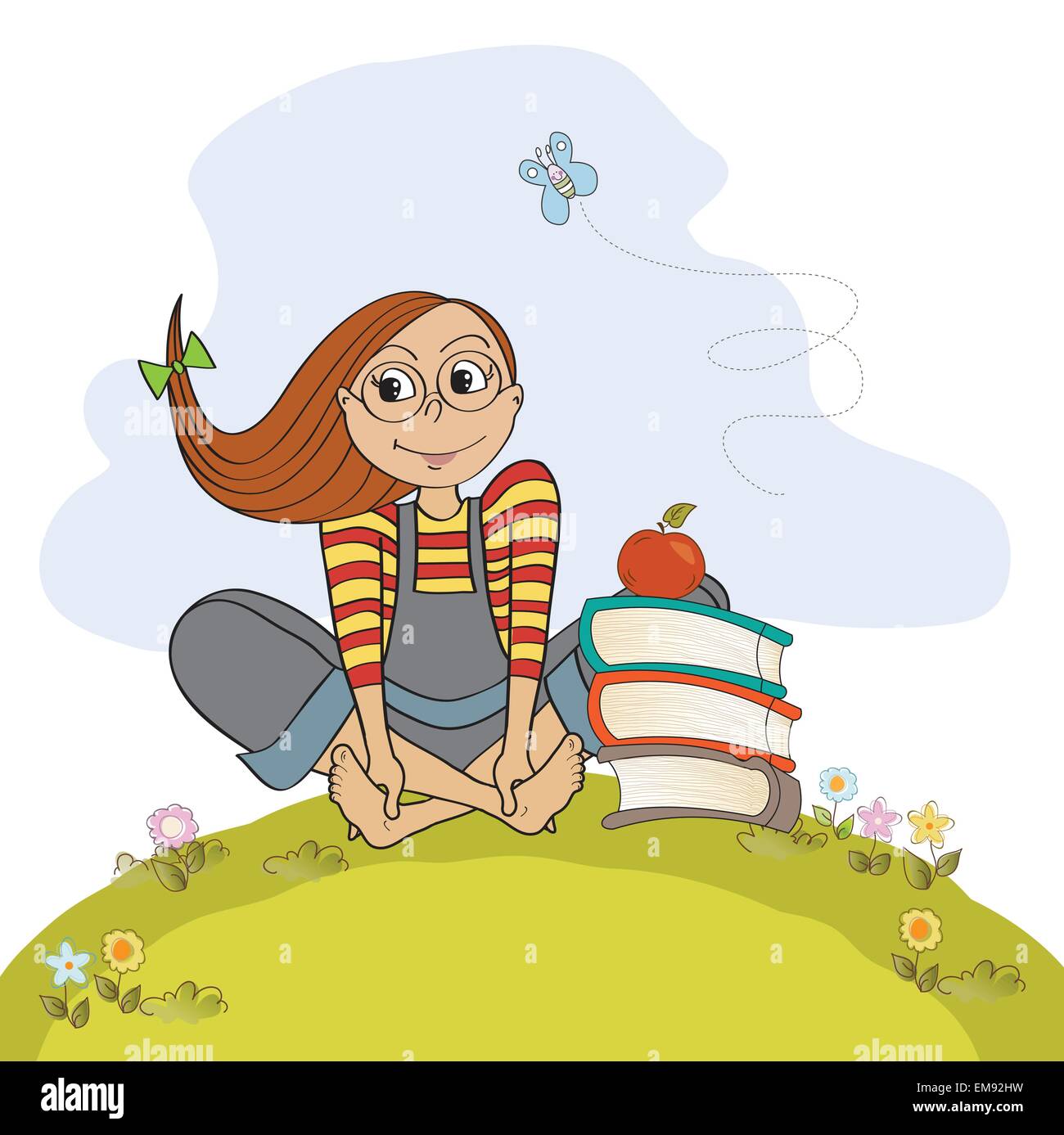 studious girl sitting barefoot in the grass Stock Vector