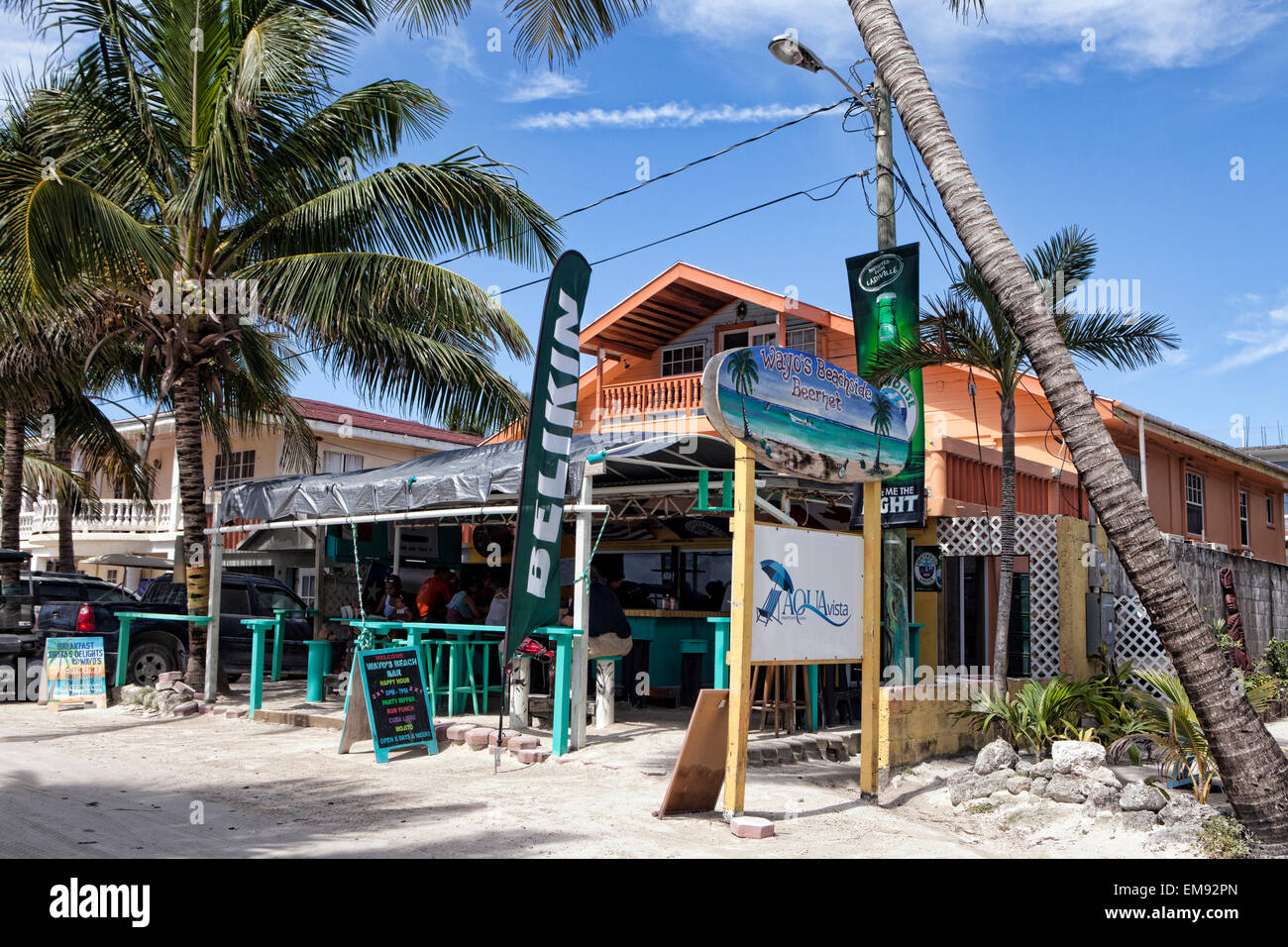 Wayos Beach-front Restaurant & Bar on Ambergris Caye, Belize, South America. Stock Photo