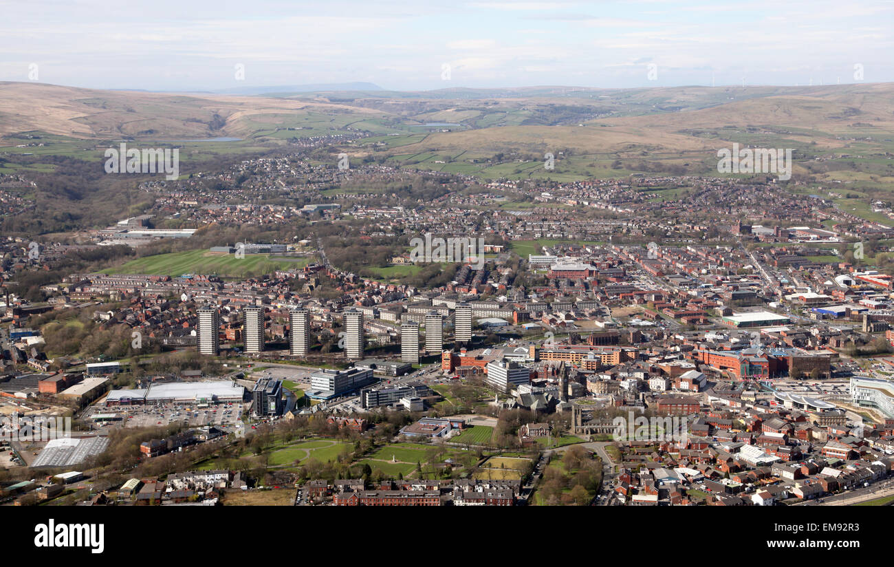 aerial view of the Rochdale town skyline against The Pennines in