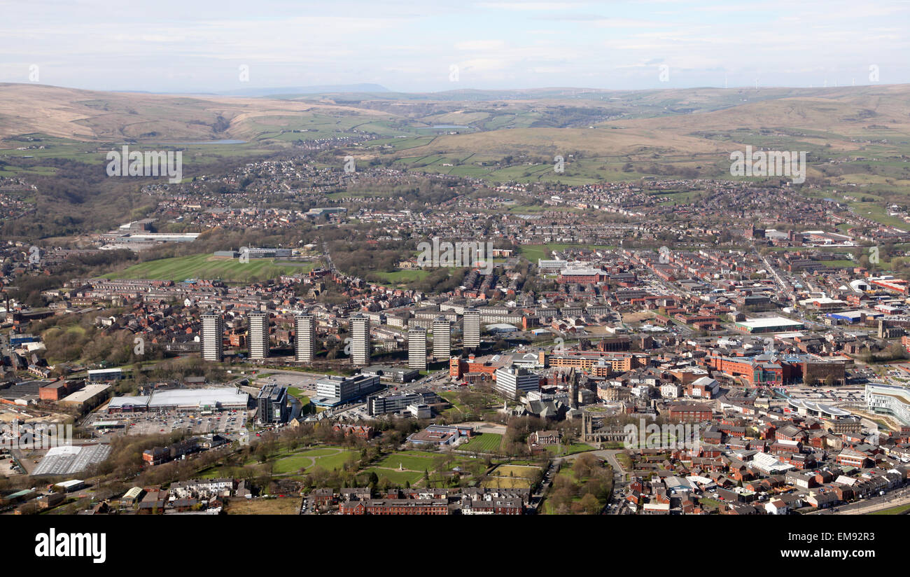 aerial view of the Rochdale town skyline against The Pennines in Lancashire Stock Photo
