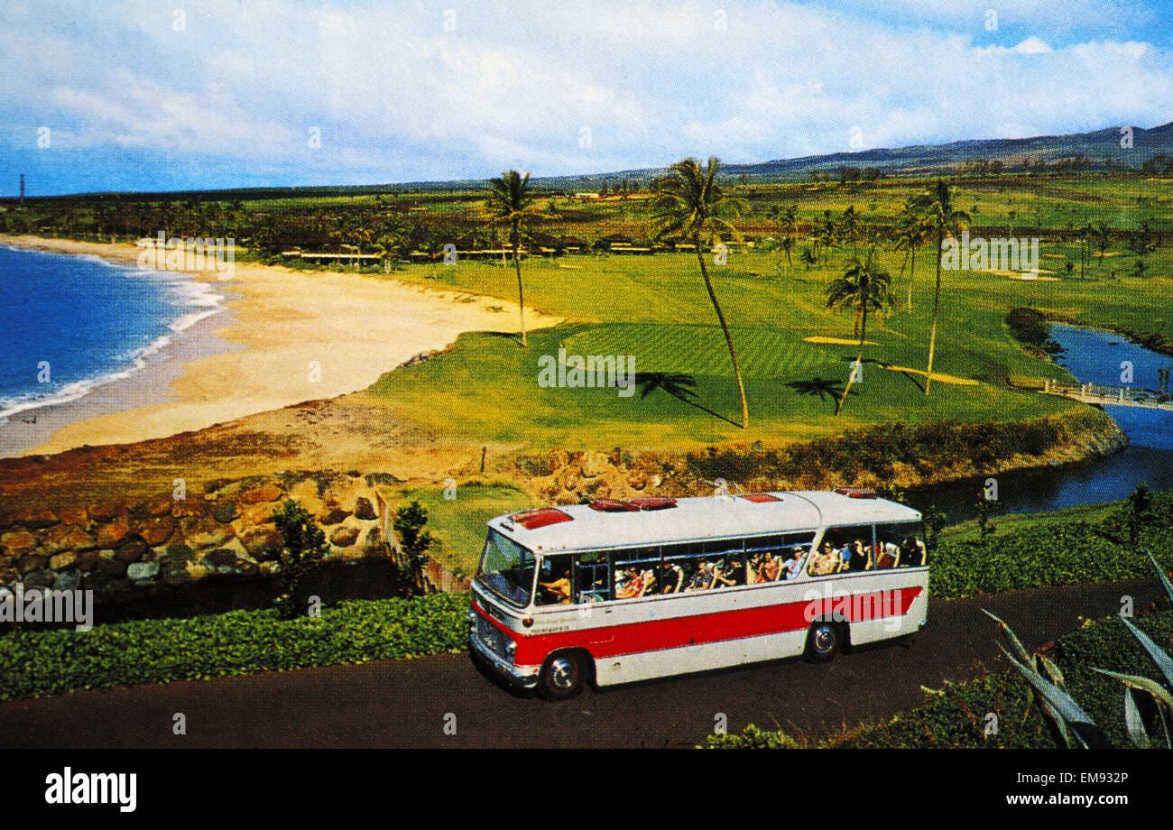 C.1965 Postcard, Hawaii, Maui, Bus Driving Down Coastal Road Past Kaanapali Beach. Stock Photo