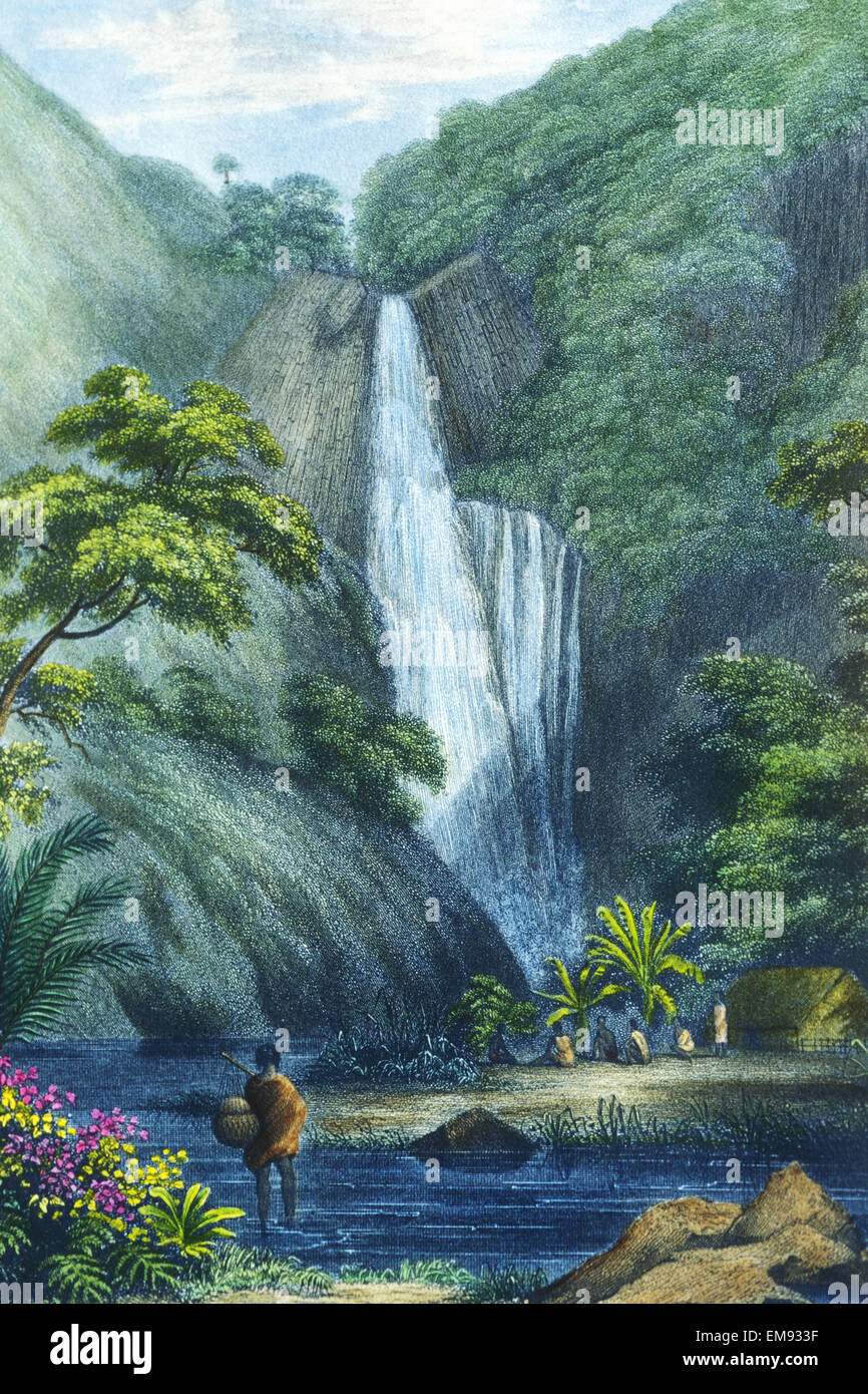C.1840 Art/Book Illustration, Hawaii, Kauai, Hanapepe Falls, Natives In Foreground. Stock Photo