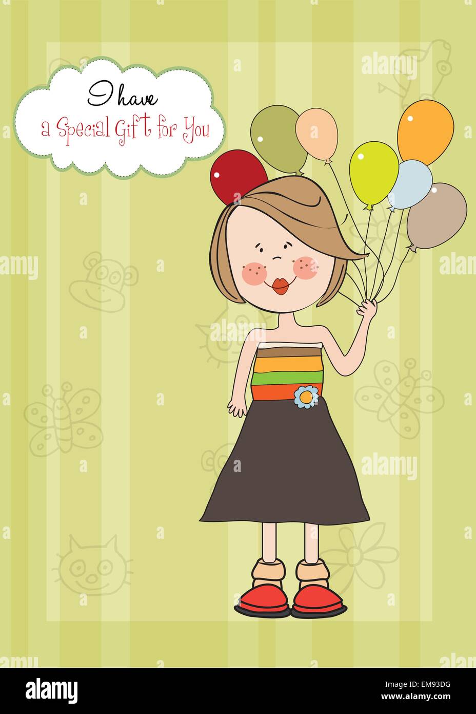 Funny girl with balloon, birthday greeting card Stock Vector Image