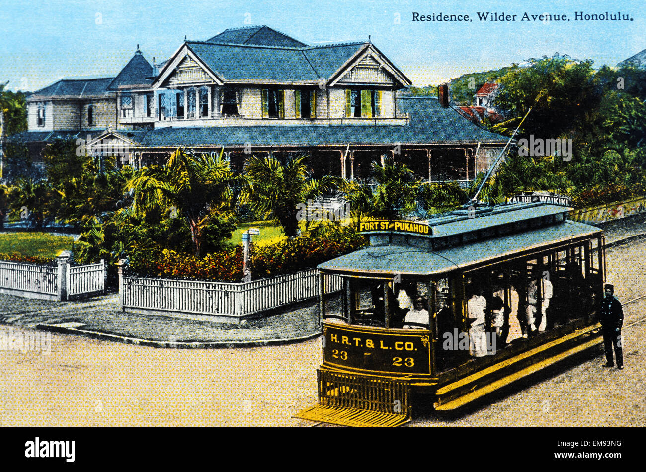C.1905 Postcard, Hawaii, Oahu, Honolulu, Trolley Car Driving Through Residential Neighborhood, Wilder Avenue Stock Photo
