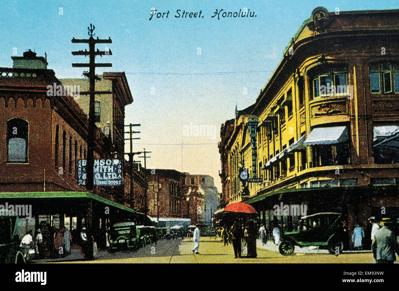 C.1930 Postcard, Hawaii, Oahu, Downtown Honolulu, Fort Street. Stock Photo