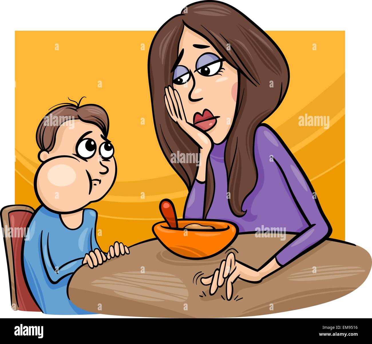 poor eater boy with mum cartoon Stock Vector