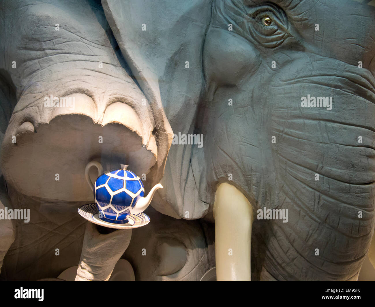 London, UK. 17th April, 2015. Hermes tea pot on display in Elephant china shop Wanderland exhibition Saatchi Gallery London 17/4/15 Credit:  Martyn Goddard/Alamy Live News Stock Photo