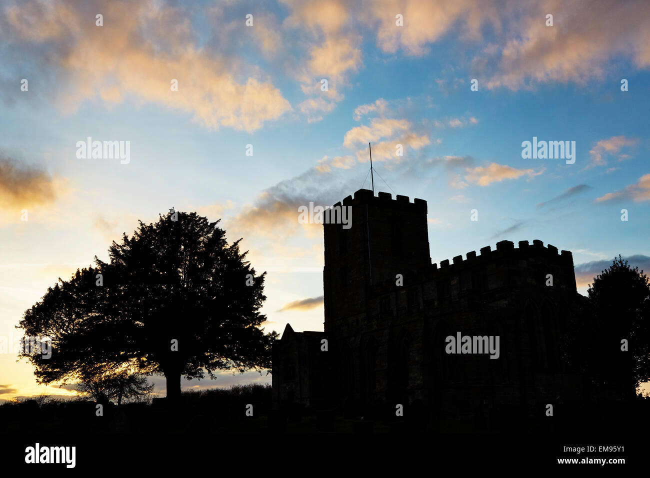 Church of St Mary and St Hardulph in silhouette at Breedon on the Hill, Leicestershire. Stock Photo