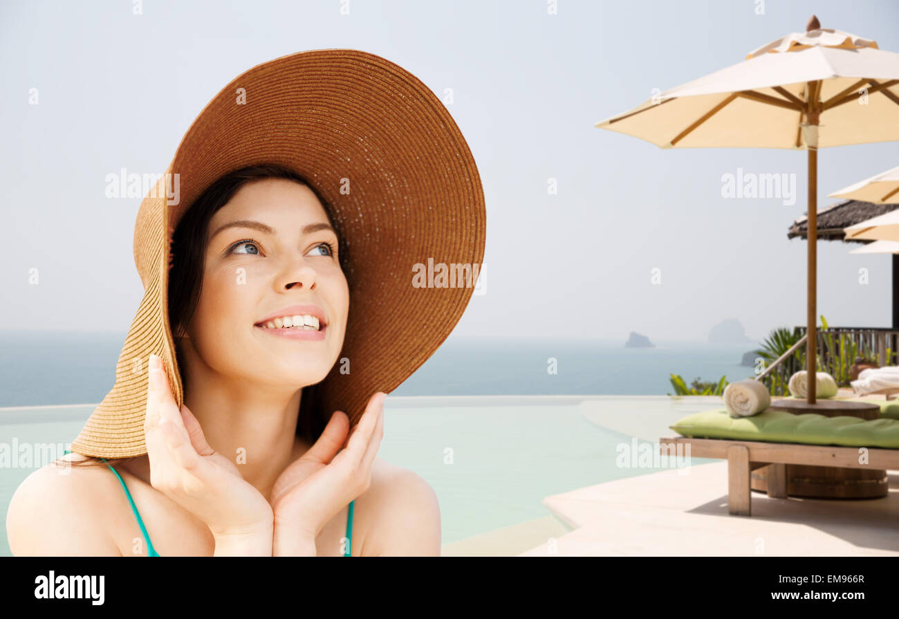 happy young woman in straw hat on tropical beach Stock Photo Alamy