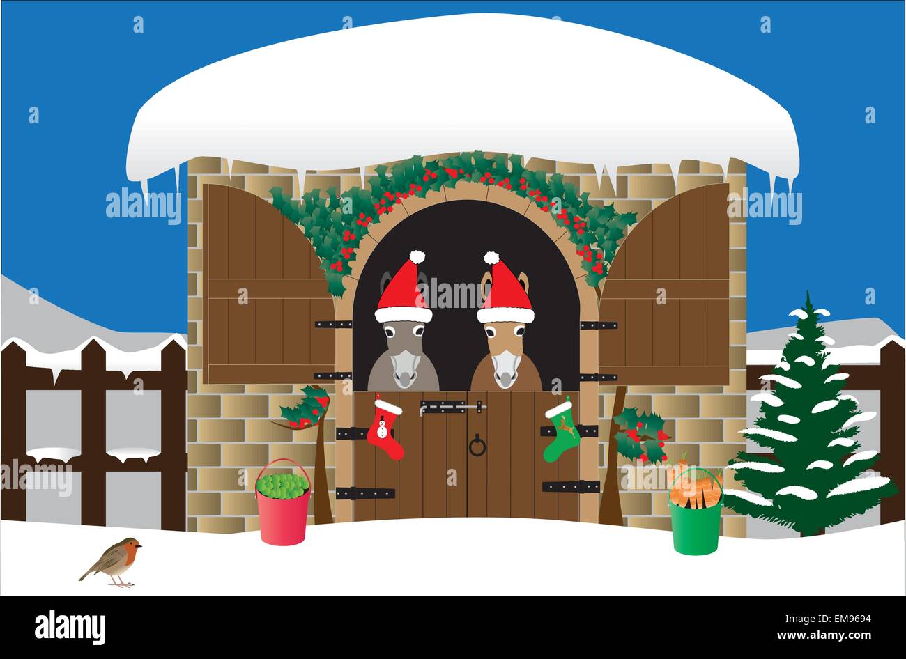 A vector illustration of Two Donkeys in Santa Hats in a snow covered stable decorated with holly and a xmas tree with a robin in front Stock Vector