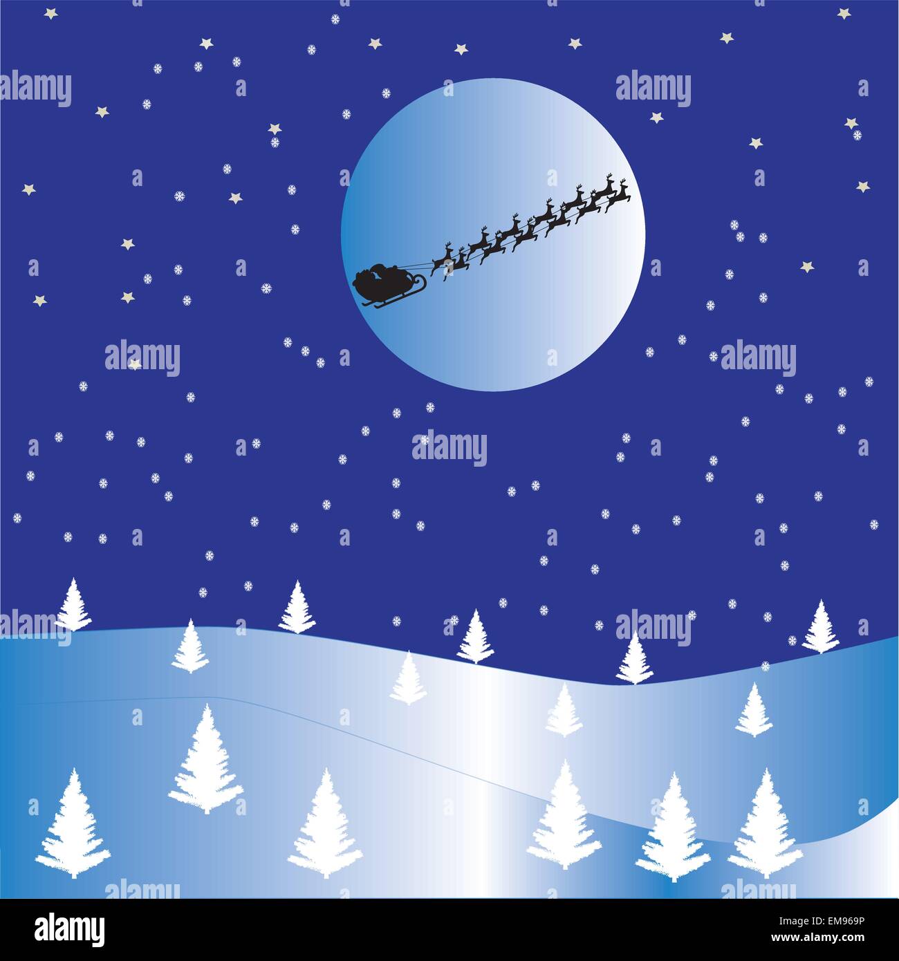 A vector illustration of a Snowy Christmas Scene with stars, snow falling, christmas trees and Santas sleigh flying in front of the moon Stock Vector