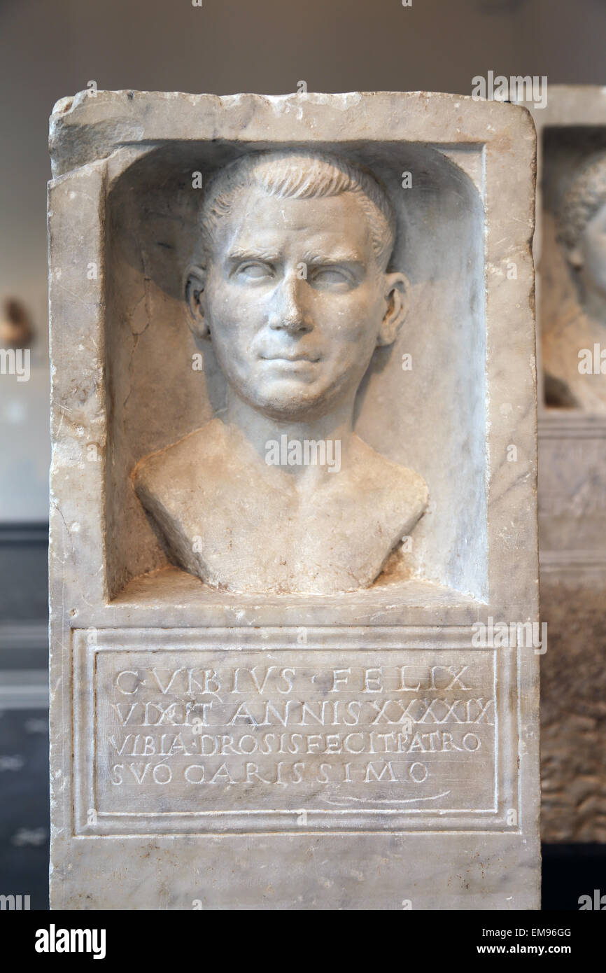 Funerary stele of Gaius Vibius Felix. Roman, Early Flavian period. 69-80 AD. Forty-nine year old. Cursive lettering. Stock Photo