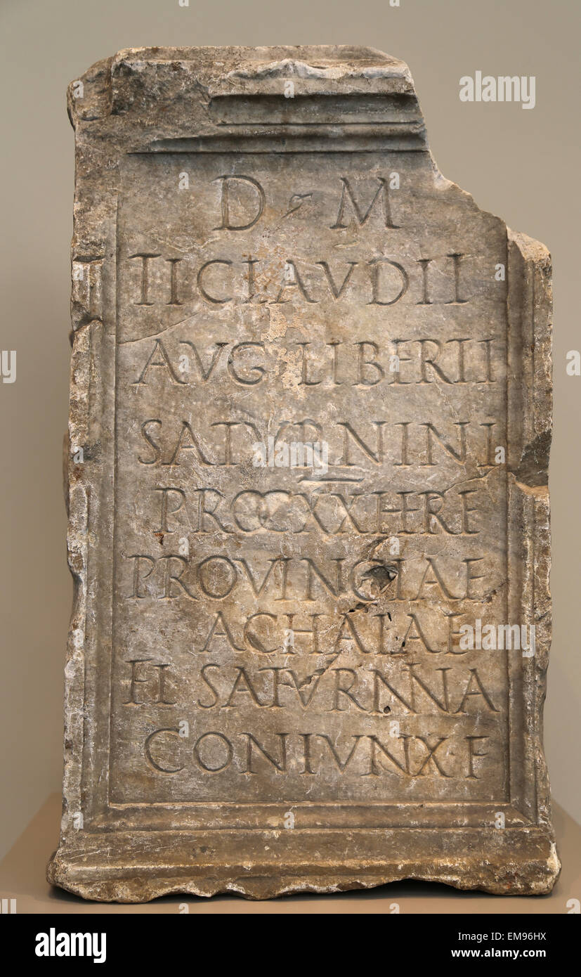 Inscribed cippus. Roman. 1st C. AD. Found at Torrenova, near Rome. Funerary pillar records the death of freedman Saturninus. Stock Photo