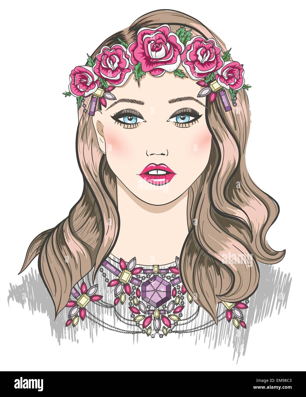 Young girl fashion illustration. Girl with flowers in her hair and statement necklace Stock Vector