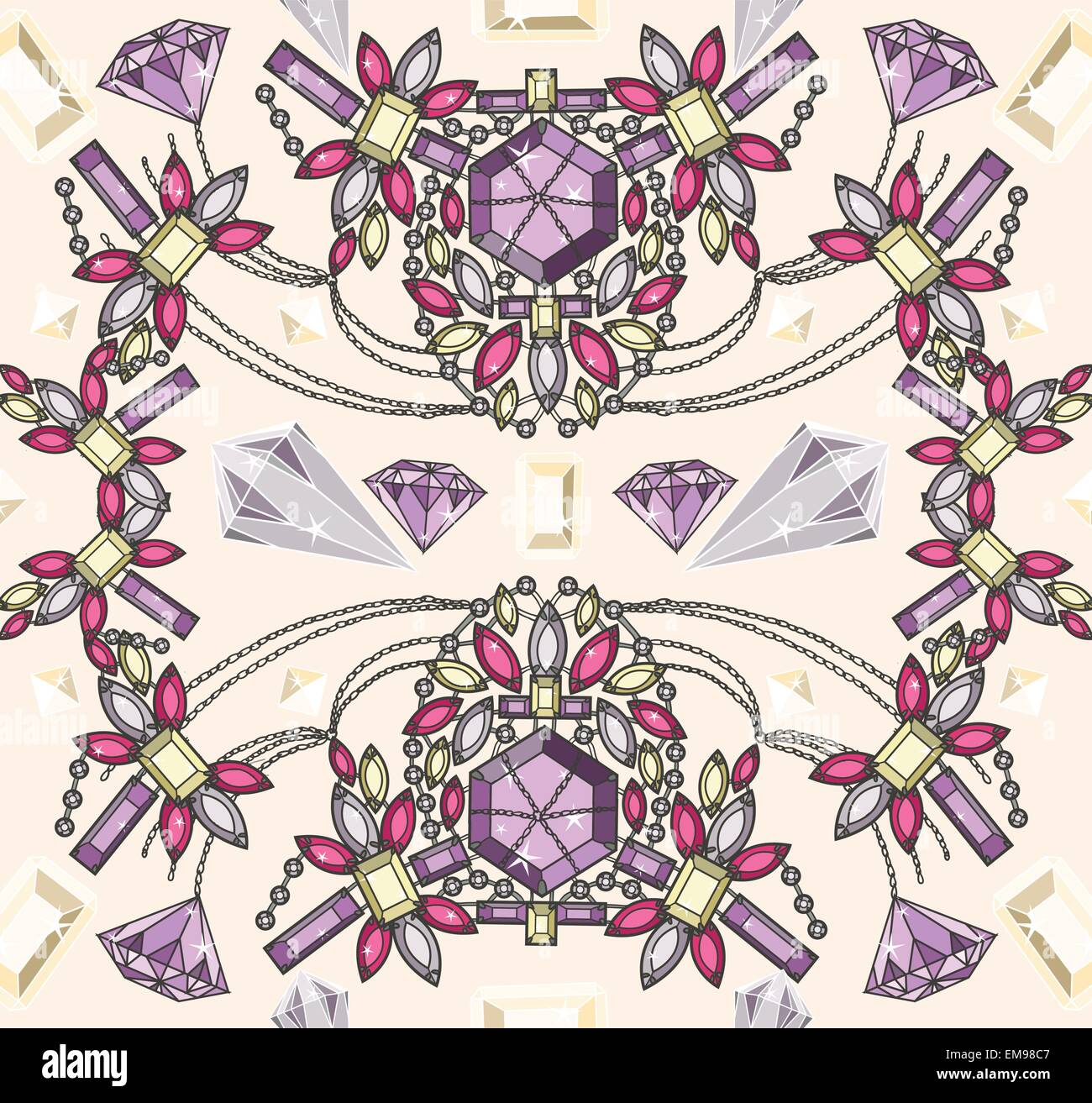 Seamless pastel jewelery necklace kaleidoscope pattern. Background with colorful gemstones and diamonds. Stock Vector