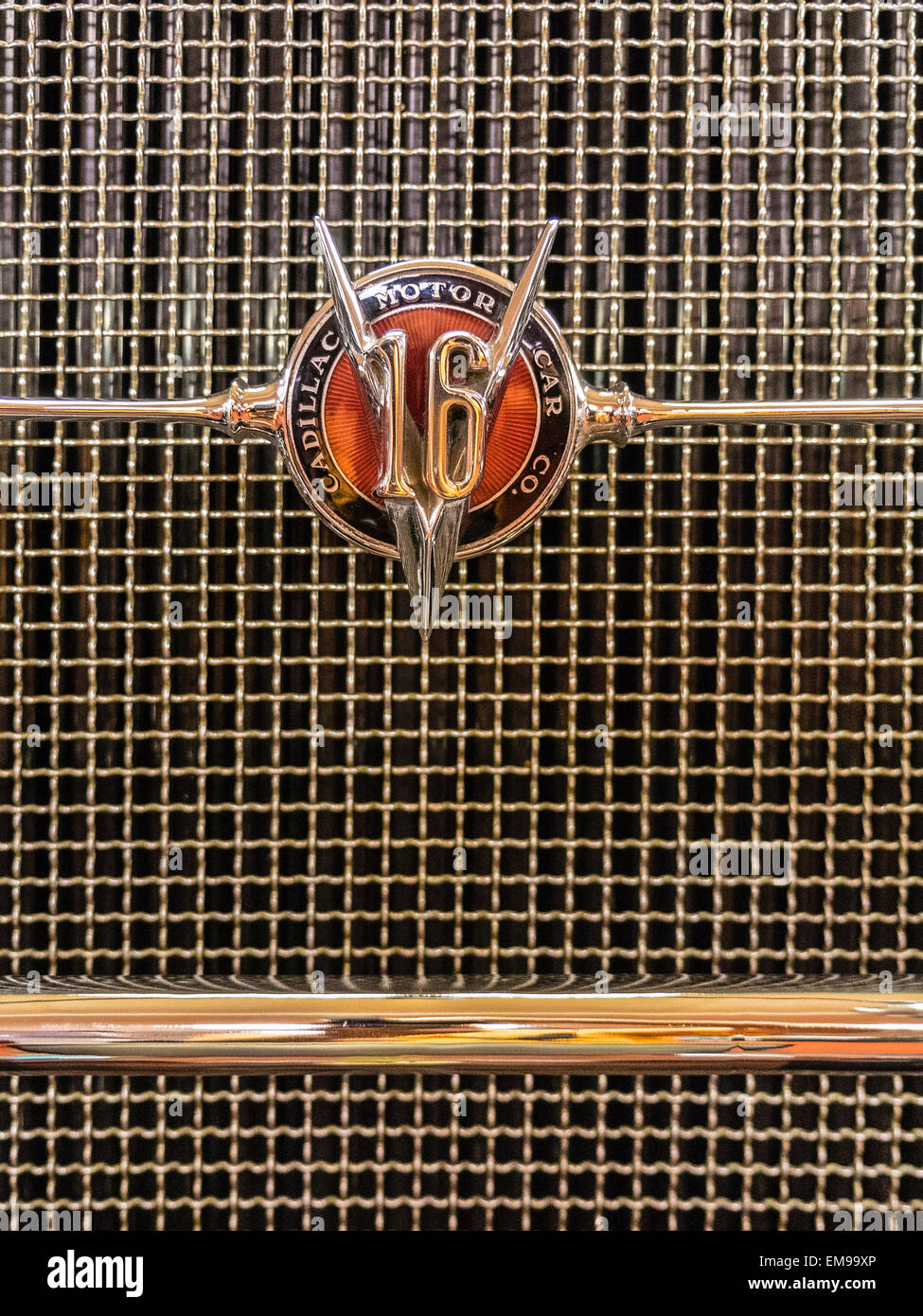 Grill emblem 1930 Cadillac Model 452A V16 at the Nethercutt Collection in Sylmar, California. Stock Photo