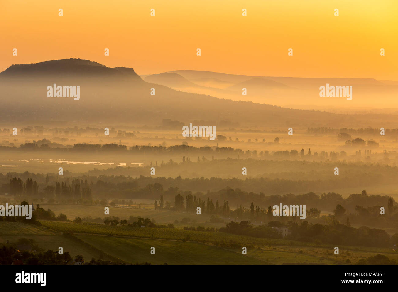 Landscape image of Szent Gyorgy-hegy at sunrise with mist in valley, Balaton, Veszprem, Hungary, July, 2014. Stock Photo