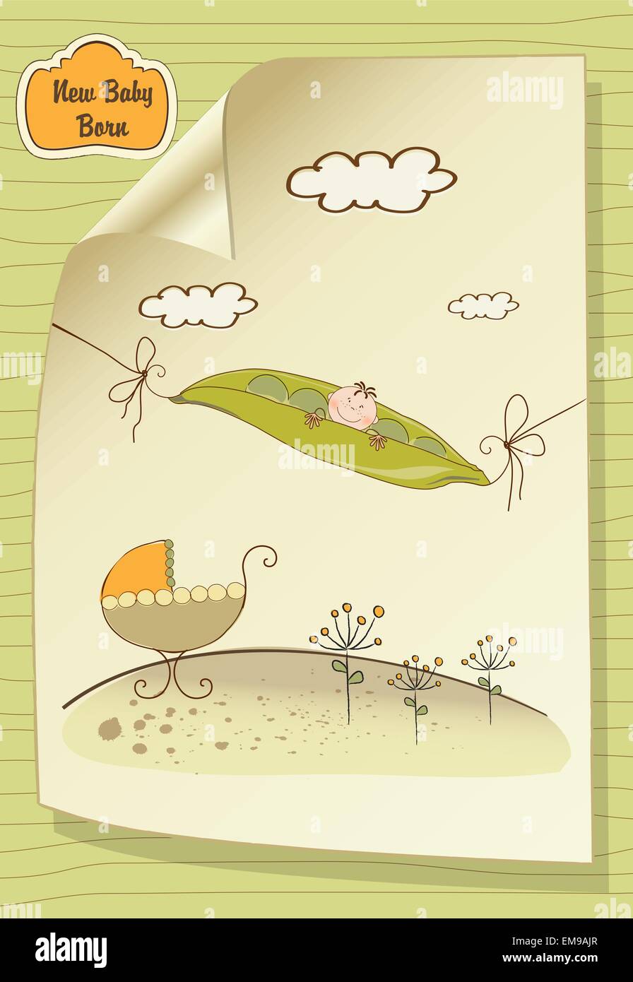 little boy sleeping in a pea been, baby announcement card Stock Vector
