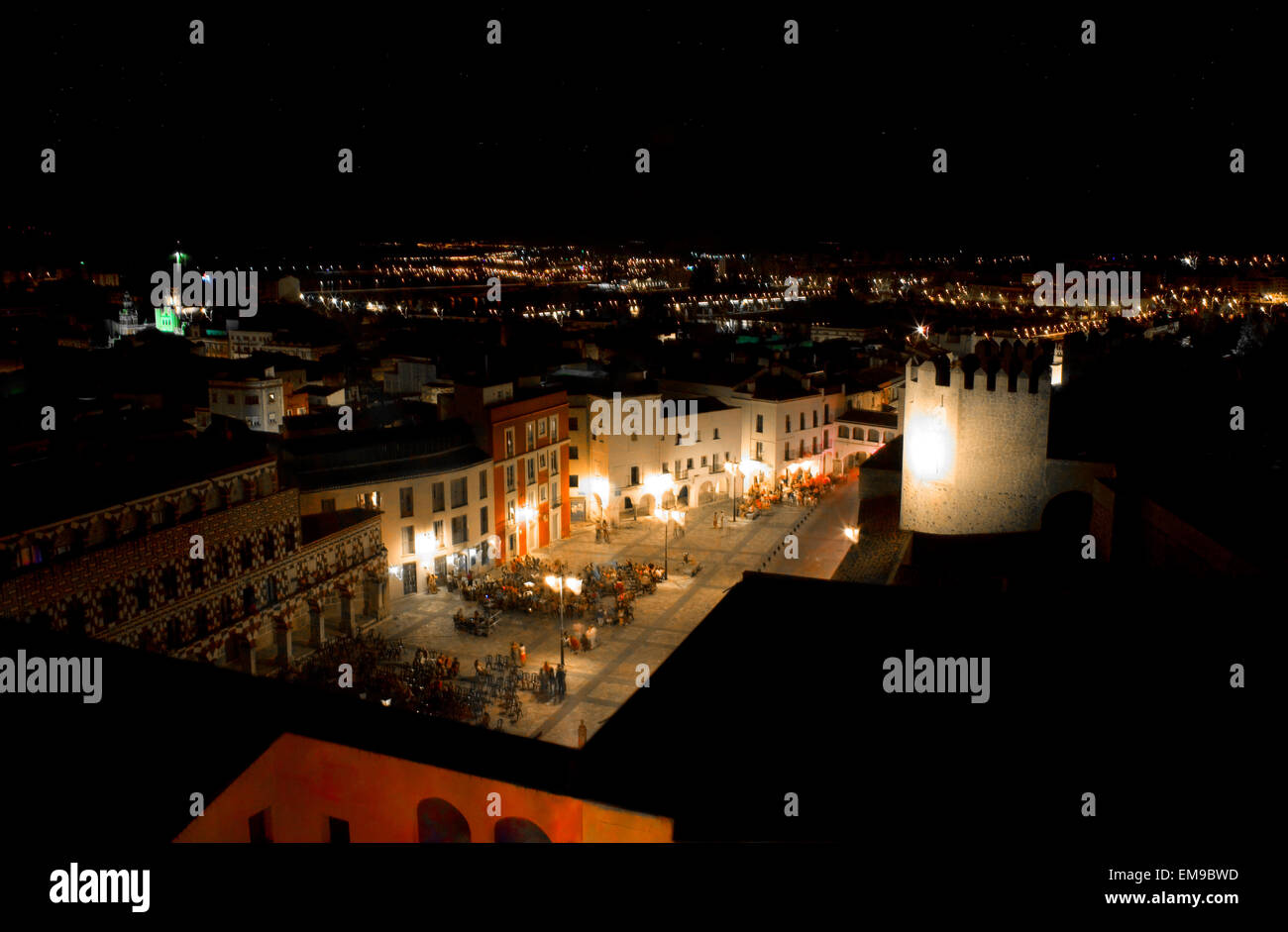 Hight square of Badajoz view from the Espantaperros Tower at night. This square is close to the Citadel and to the Puerta (Gate) Stock Photo