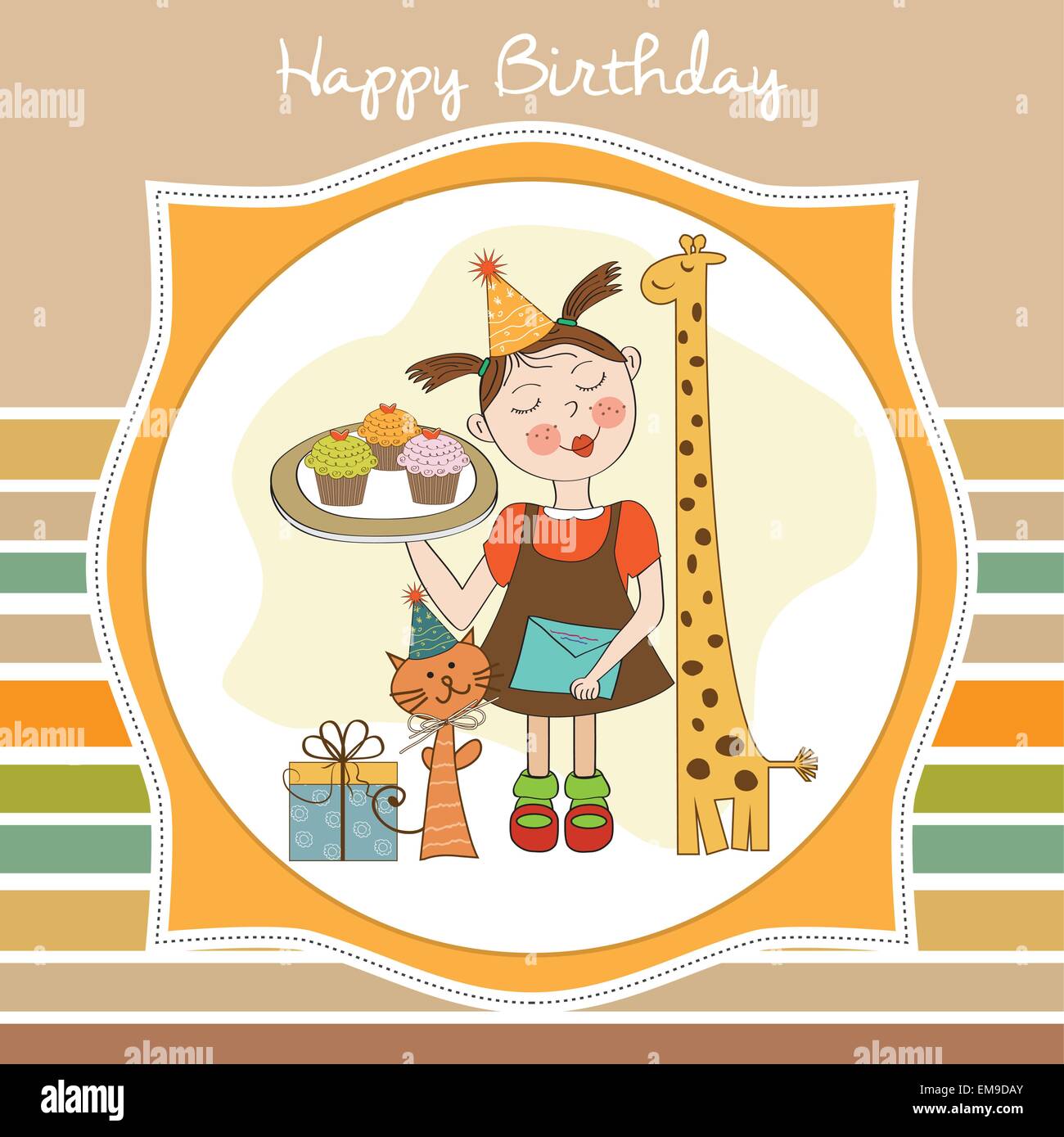 Happy Birthday card with funny girl, animals and cupcakes Stock Vector